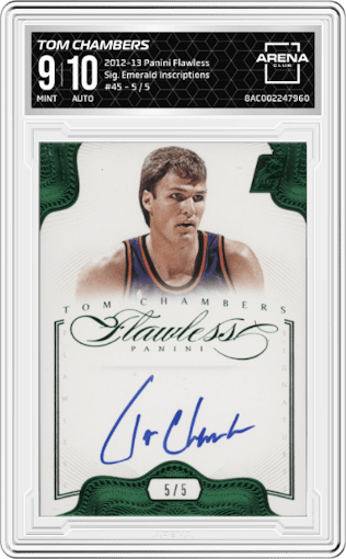 Tom Chambers from the 2012-13 Panini Flawless set featuring a Emerald Inscriptions parallel graded by Arena Club and given an overall grade of 9.