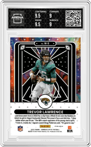 Trevor Lawrence from the 2022 Panini Donruss Optic set graded by Arena Club and given an overall grade of 9.5.