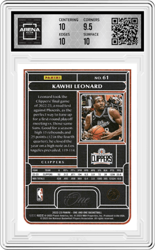 Kawhi Leonard from the 2022-23 Panini One and One set featuring a Red  parallel graded by Arena Club and given an overall grade of 10.
