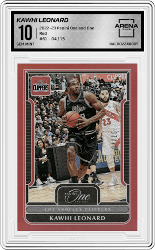 Kawhi Leonard from the 2022-23 Panini One and One set featuring a Red  parallel graded by Arena Club and given an overall grade of 10.