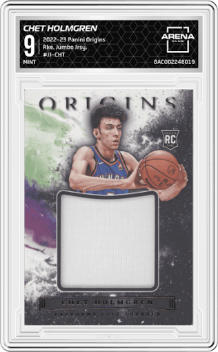 Chet Holmgren from the 2022-23 Panini Origins set graded by Arena Club and given an overall grade of 9.