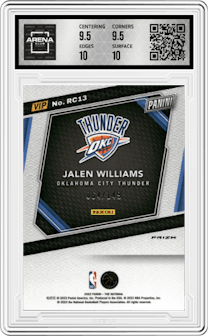 Jalen Williams from the 2023 Panini The National VIP set featuring a Blue Sparkle parallel graded by Arena Club and given an overall grade of 10.