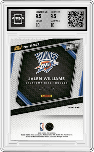 Jalen Williams from the 2023 Panini The National VIP set featuring a Blue Sparkle parallel graded by Arena Club and given an overall grade of 10.
