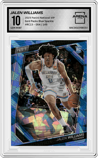 Jalen Williams from the 2023 Panini The National VIP set featuring a Blue Sparkle parallel graded by Arena Club and given an overall grade of 10.