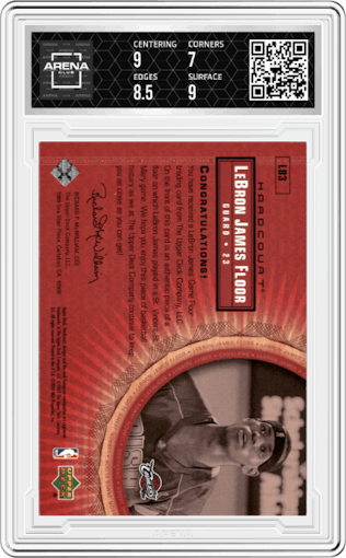 LeBron James from the 2003-04 Upper Deck Hardcourt  set graded by Arena Club and given an overall grade of 7.5.