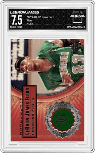LeBron James from the 2003-04 Upper Deck Hardcourt  set graded by Arena Club and given an overall grade of 7.5.