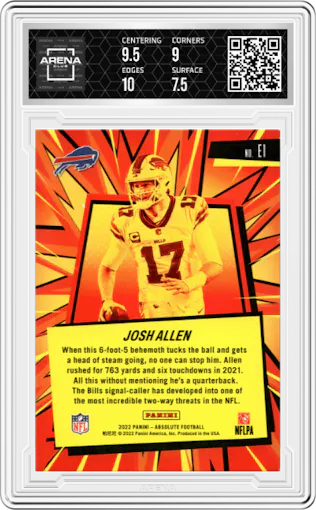 Josh Allen from the 2022 Panini Absolute set graded by Arena Club and given an overall grade of 8.