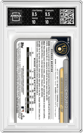 Jackson Chourio from the 2024 Bowman Chrome Mega Box set graded by Arena Club and given an overall grade of 9.