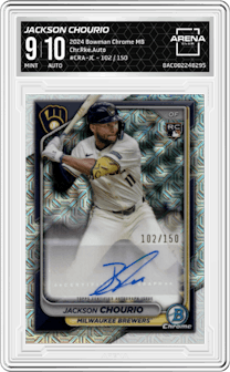 Jackson Chourio from the 2024 Bowman Chrome Mega Box set graded by Arena Club and given an overall grade of 9.