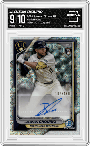 Jackson Chourio from the 2024 Bowman Chrome Mega Box set graded by Arena Club and given an overall grade of 9.