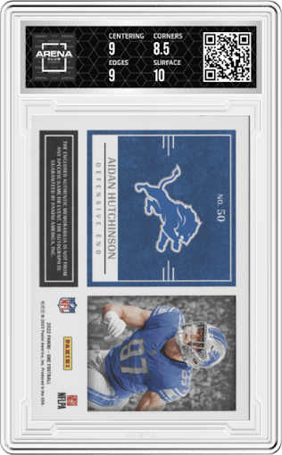 Aidan Hutchinson from the 2022 Panini One set featuring a Bronze parallel graded by Arena Club and given an overall grade of 9.