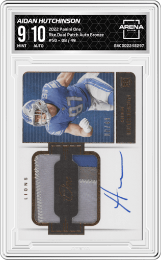 Aidan Hutchinson from the 2022 Panini One set featuring a Bronze parallel graded by Arena Club and given an overall grade of 9.