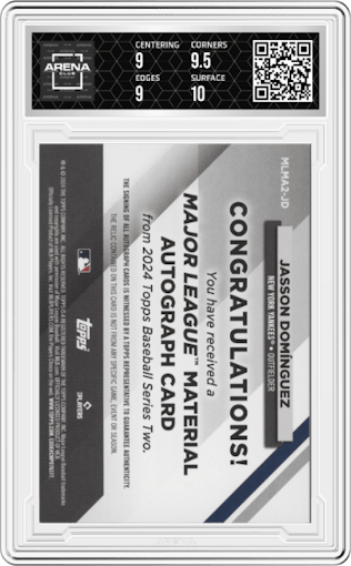 Jasson Dominguez from the 2024 Topps Series 2 Silver Pack set graded by Arena Club and given an overall grade of 9.5.