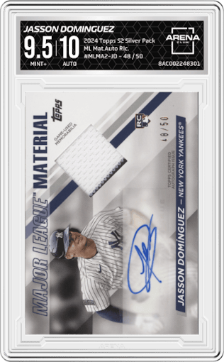 Jasson Dominguez from the 2024 Topps Series 2 Silver Pack set graded by Arena Club and given an overall grade of 9.5.