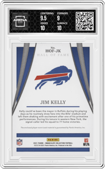 Jim Kelly from the 2021 Panini Immaculate Collection set featuring a Prime parallel graded by Arena Club and given an overall grade of 9.5.