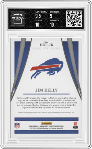 Jim Kelly from the 2021 Panini Immaculate Collection set featuring a Prime parallel graded by Arena Club and given an overall grade of 9.5.