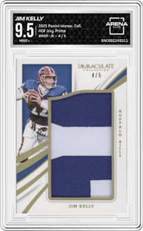 Jim Kelly from the 2021 Panini Immaculate Collection set featuring a Prime parallel graded by Arena Club and given an overall grade of 9.5.