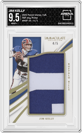 Jim Kelly from the 2021 Panini Immaculate Collection set featuring a Prime parallel graded by Arena Club and given an overall grade of 9.5.