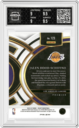 Jalen Hood-Schifino from the 2023-24 Panini Select  set featuring a Zebra Prizm parallel graded by Arena Club and given an overall grade of 9.5.