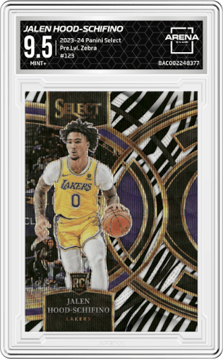 Jalen Hood-Schifino from the 2023-24 Panini Select  set featuring a Zebra Prizm parallel graded by Arena Club and given an overall grade of 9.5.