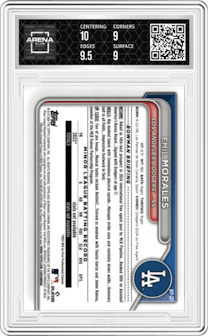 Emil Morales from the 2024 Bowman Chrome set featuring a Red Reptilian Refractor parallel graded by Arena Club and given an overall grade of 9.5.