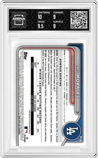 Emil Morales from the 2024 Bowman Chrome set featuring a Red Reptilian Refractor parallel graded by Arena Club and given an overall grade of 9.5.