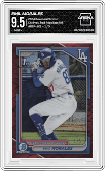 Emil Morales from the 2024 Bowman Chrome set featuring a Red Reptilian Refractor parallel graded by Arena Club and given an overall grade of 9.5.