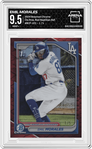 Emil Morales from the 2024 Bowman Chrome set featuring a Red Reptilian Refractor parallel graded by Arena Club and given an overall grade of 9.5.