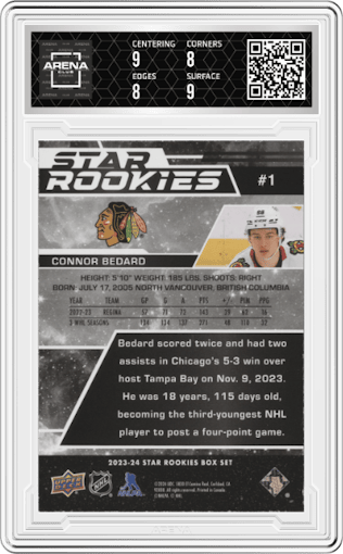 Connor Bedard from the 2023-24 Upper Deck NHL Star Rookies Box Set set featuring a Gold parallel graded by Arena Club and given an overall grade of 8.5.