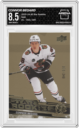 Connor Bedard from the 2023-24 Upper Deck NHL Star Rookies Box Set set featuring a Gold parallel graded by Arena Club and given an overall grade of 8.5.