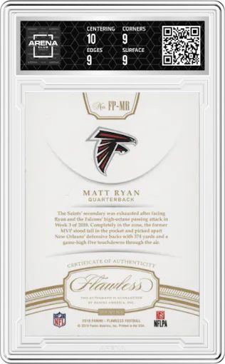 Matt Ryan from the 2018 Panini Flawless set featuring a Silver parallel graded by Arena Club and given an overall grade of 9.