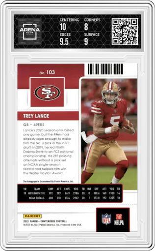 Trey Lance from the 2021 Panini Contenders   set graded by Arena Club and given an overall grade of 8.5.