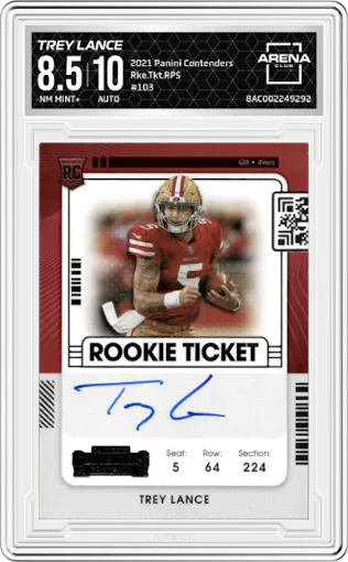 Trey Lance from the 2021 Panini Contenders   set graded by Arena Club and given an overall grade of 8.5.