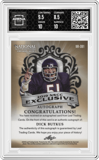 Dick Butkus from the 2019 Leaf National Convention set featuring a Silver parallel graded by Arena Club and given an overall grade of 9.