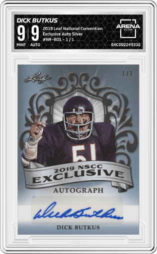 Dick Butkus from the 2019 Leaf National Convention set featuring a Silver parallel graded by Arena Club and given an overall grade of 9.