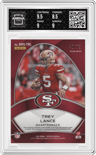 Trey Lance from the 2021 Panini Spectra set graded by Arena Club and given an overall grade of 9.