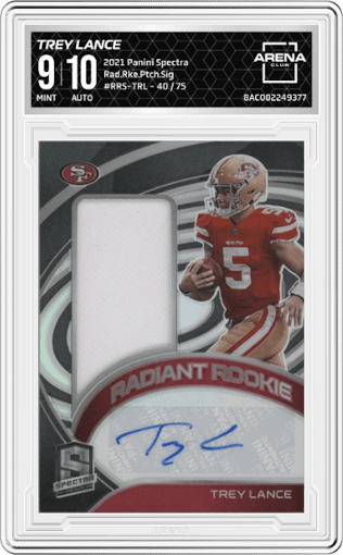 Trey Lance from the 2021 Panini Spectra set graded by Arena Club and given an overall grade of 9.