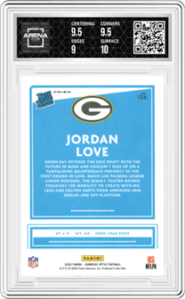 Jordan Love from the 2020 Panini Donruss Optic set featuring a Pink parallel graded by Arena Club and given an overall grade of 9.5.