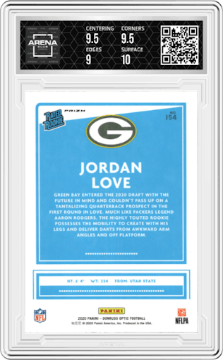 Jordan Love from the 2020 Panini Donruss Optic set featuring a Pink parallel graded by Arena Club and given an overall grade of 9.5.