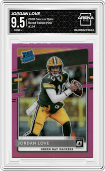 Jordan Love from the 2020 Panini Donruss Optic set featuring a Pink parallel graded by Arena Club and given an overall grade of 9.5.