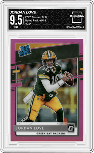 Jordan Love from the 2020 Panini Donruss Optic set featuring a Pink parallel graded by Arena Club and given an overall grade of 9.5.