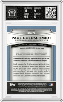 Paul Goldschmidt from the 2010 Bowman Platinum set featuring a Refractor parallel graded by Arena Club and given an overall grade of 6.5.
