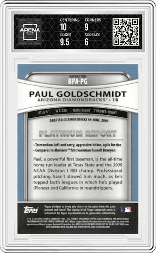Paul Goldschmidt from the 2010 Bowman Platinum set featuring a Refractor parallel graded by Arena Club and given an overall grade of 6.5.