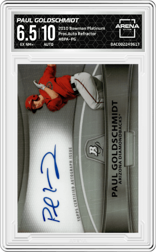 Paul Goldschmidt from the 2010 Bowman Platinum set featuring a Refractor parallel graded by Arena Club and given an overall grade of 6.5.