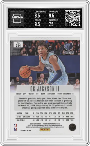 GG Jackson II from the 2023-24 Panini Prizm Deca set featuring a Orange Prizm parallel graded by Arena Club and given an overall grade of 8.