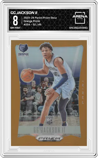GG Jackson II from the 2023-24 Panini Prizm Deca set featuring a Orange Prizm parallel graded by Arena Club and given an overall grade of 8.