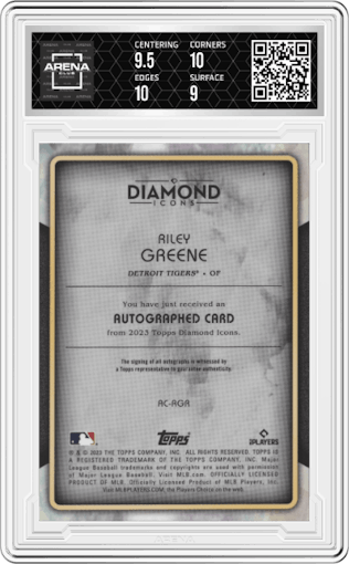 Riley Greene from the 2023 Topps Diamond Icons set graded by Arena Club and given an overall grade of 9.5.