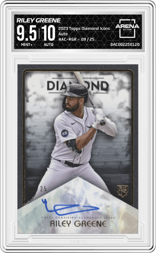 Riley Greene from the 2023 Topps Diamond Icons set graded by Arena Club and given an overall grade of 9.5.