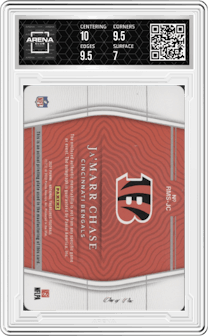 Ja'Marr Chase from the 2021 Panini National Treasures set featuring a Printing Plate parallel graded by Arena Club and given an overall grade of 7.5.