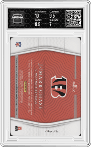 Ja'Marr Chase from the 2021 Panini National Treasures set featuring a Printing Plate parallel graded by Arena Club and given an overall grade of 7.5.